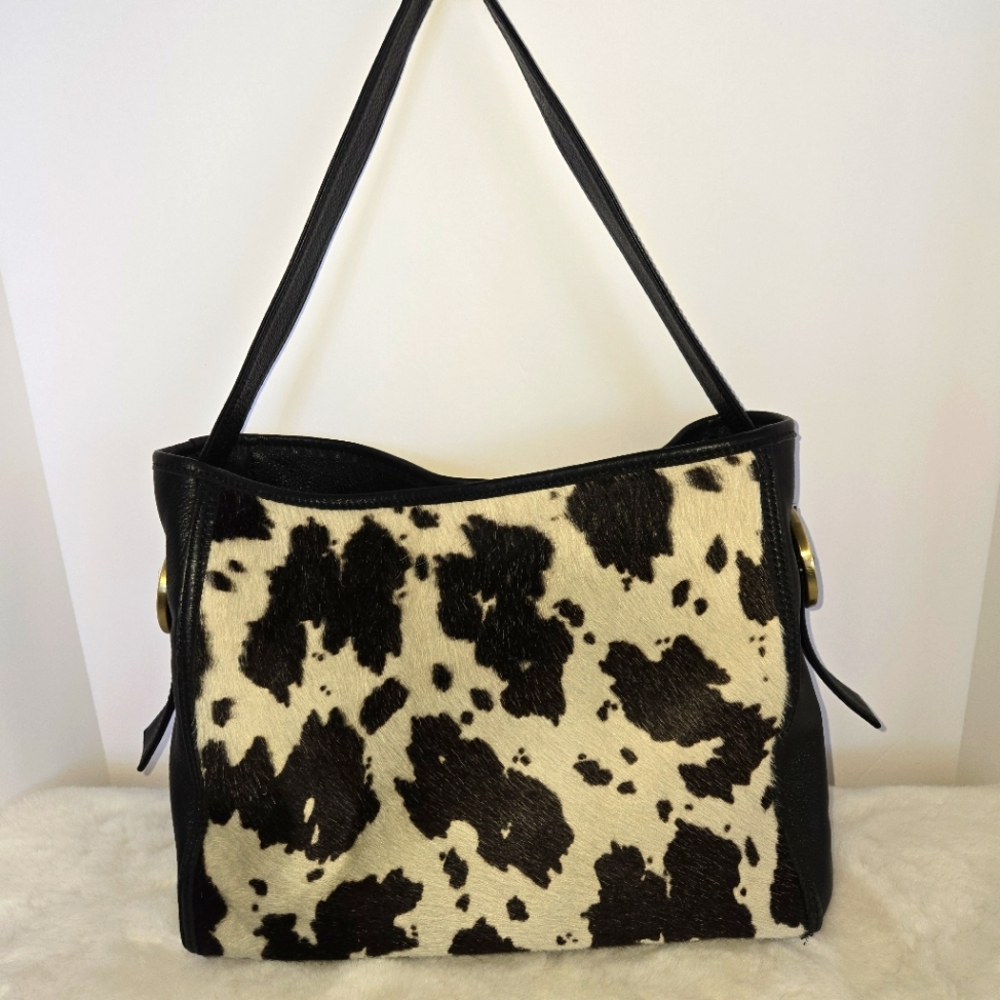 Hobo International RENDER Leather Black and White Cow Print Women's Shoulder Bag - Picture 1 of 12